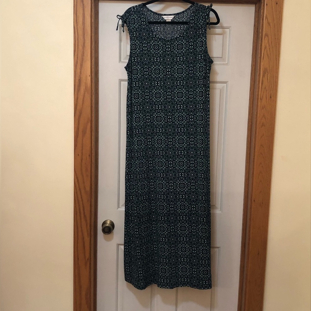 Christopher & Banks maxi dress, black with green and white figured, Large